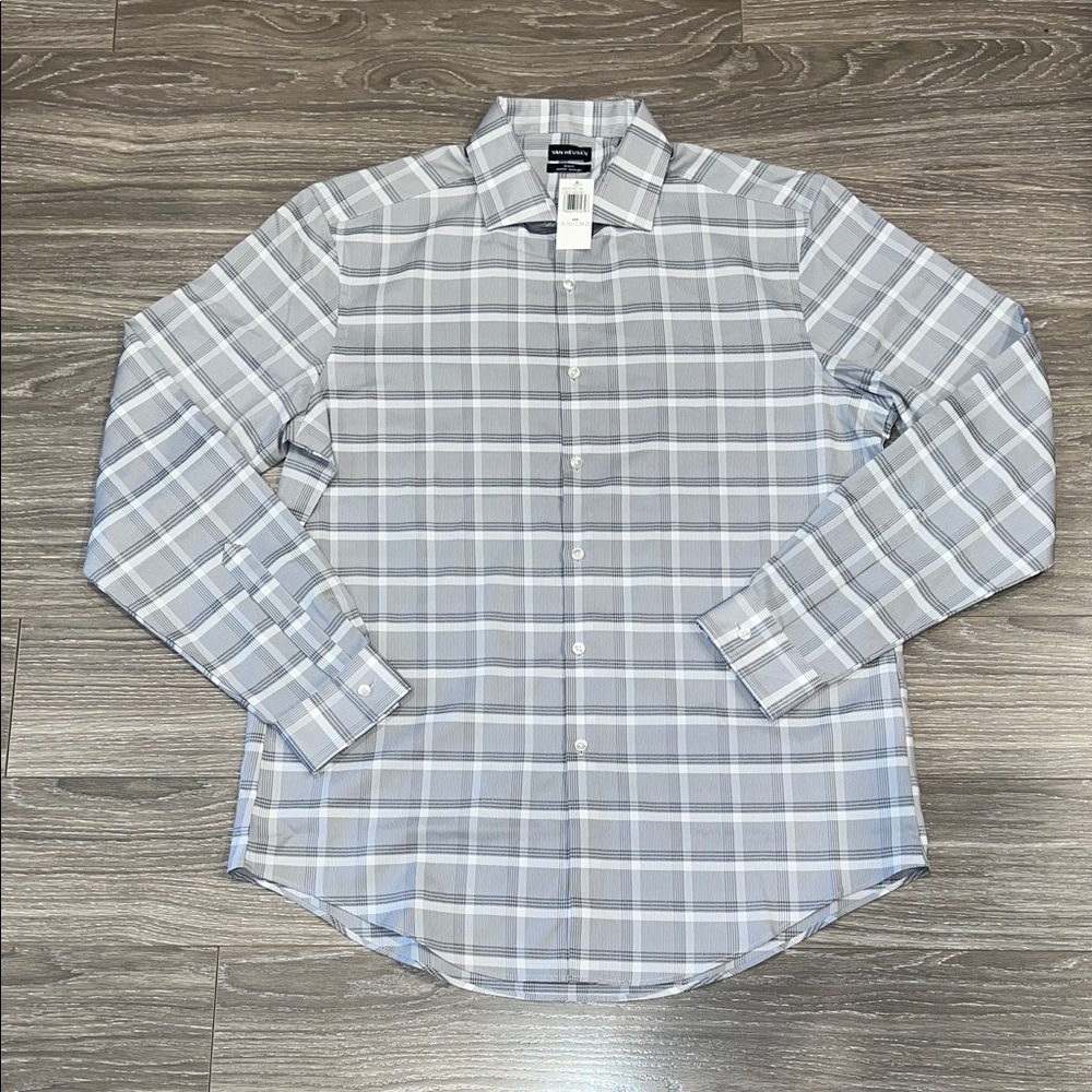 Van Heusen Men's Grey and White Plaid Dress Shirt